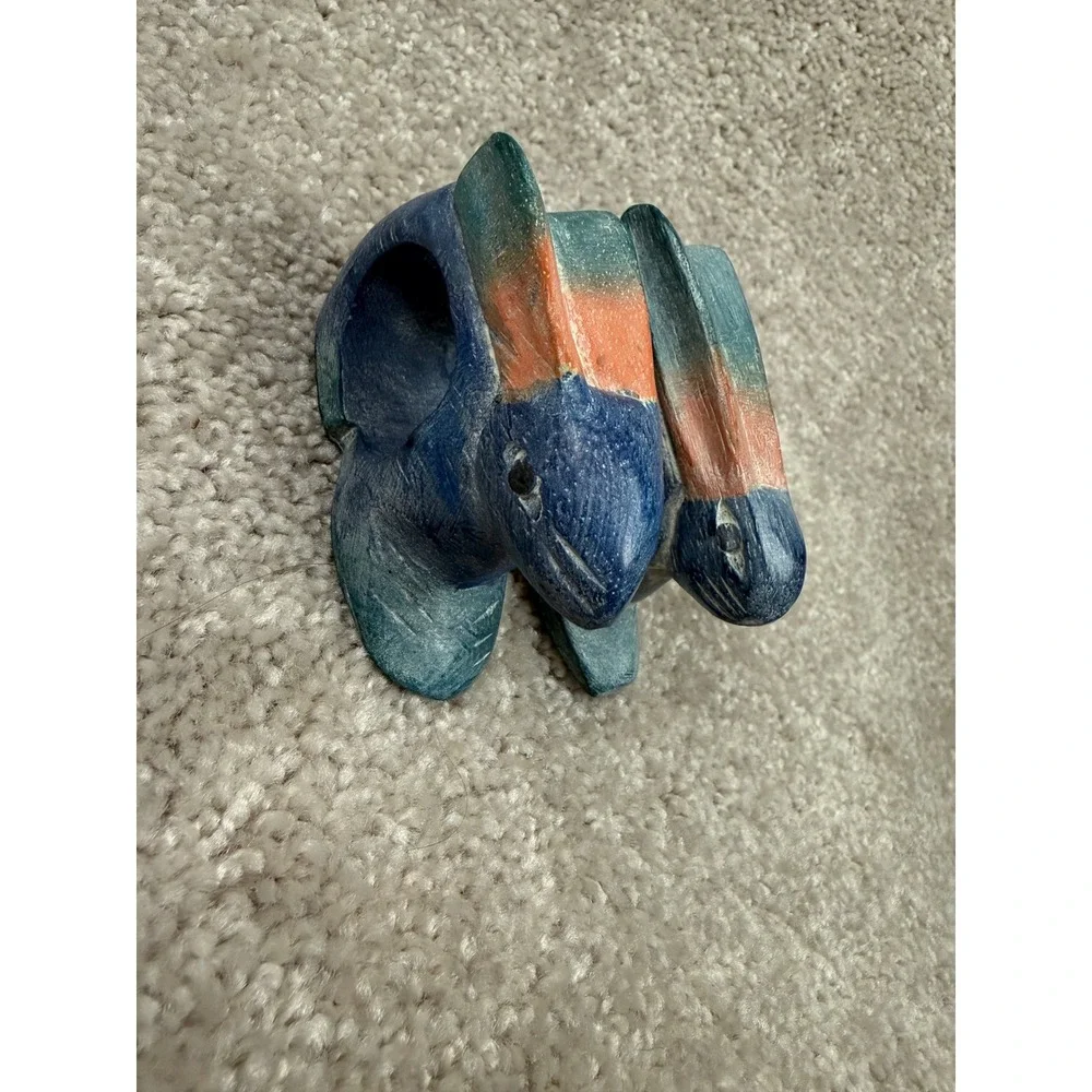 Vintage Hand Carved Rabbit Napkin Rings Set of 2 Blue Teal Coral Bunny